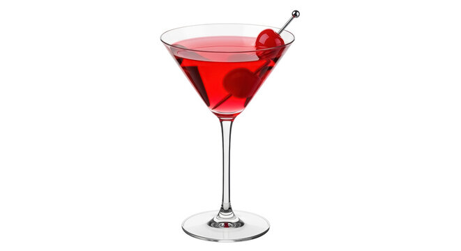 Red cosmopolitan cocktail with cherries isolated PNG, classic alcoholic drink in martini glass on transparent background