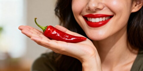 A woman smiling and holding a red chili pepper in her palm
