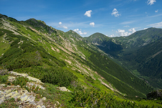 View of sun-drenched green slopes ascend towards rugged peaks under a blue sky dotted with fluffy clouds, creating a serene panorama, Magury, Zilinsky kraj, Slovakia.