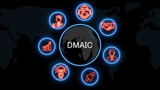 shows glowing neon line banner of dmaic concept with icons of business, responsibility, customers, integrity, goals, teamwork, commitment and innovation .4k