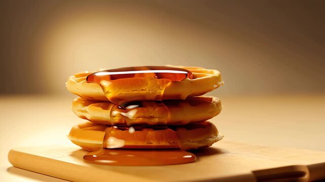 Delicious golden syrup pouring onto a stack of freshly baked waffles