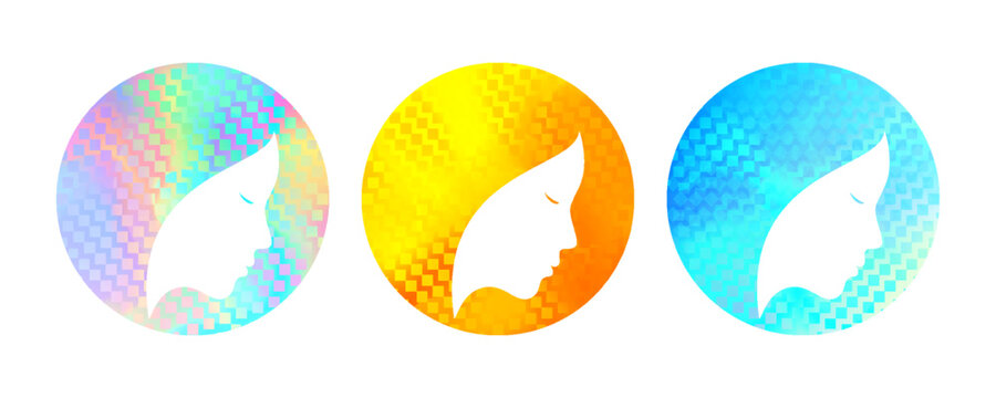 For all hair types icons for shampoo or conditioner, vector labels. For all hair types icons with face and hair silhouette on holographic iridescent sticker signs