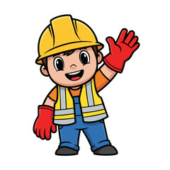 Cartoon construction worker waving hand.