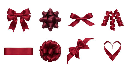 Satin ribbon set including tied bows, decorative curls, flat strip, and heart shape isolated. Burgundy gift wrapping and holiday craft collection.