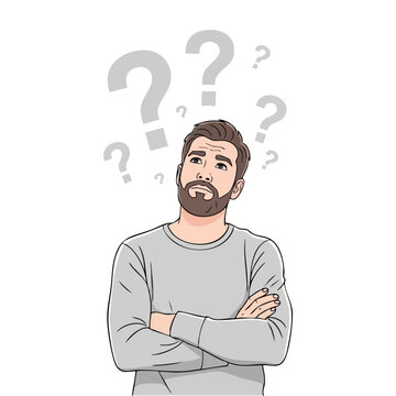 Man with question marks thinking face.