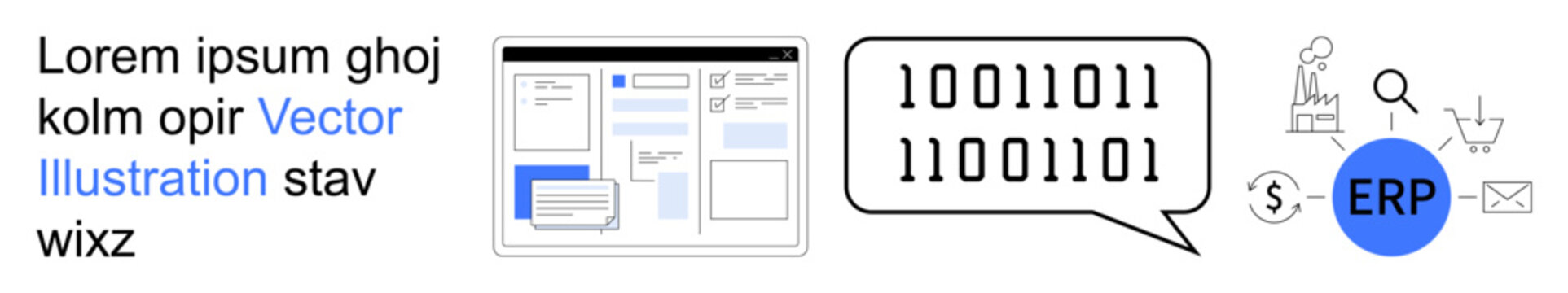 Data management, enterprise software, ERP systems, coding, digital interface, binary visualization. Various elements thumbs up binary code, ERP icon and user interface ion. Data management
