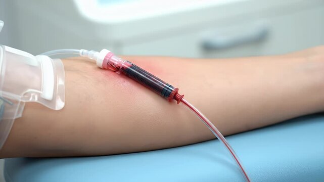 Close-Up of a Person's Arm with a Blood Sample Being Drawn in a Medical Setting with Blue Background and Clinical