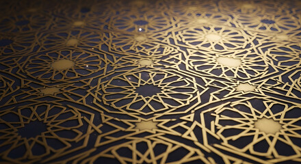 Obraz premium Geometric Islamic pattern featuring golden intricate stars on a dark blue background, showcasing traditional art and design