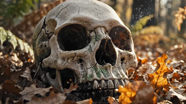 Skull in forest with dry leaves