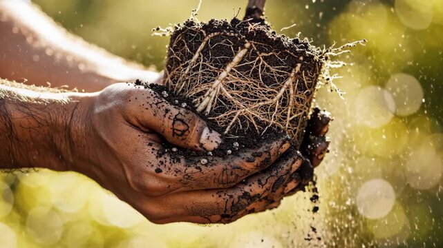 A gardener's hands holding a plant with a dense root ball and falling soil. Close-up slow motion of transplanting a seedling. Growth and agriculture concept