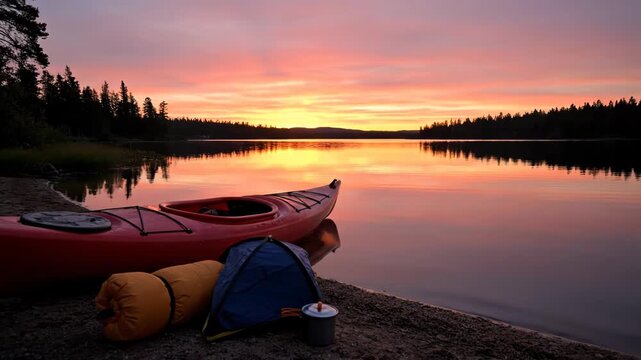 A red kayak and camping gear rest by a tranquil lake at sunset. Vibrant sky colors reflect beautifully on the calm water and surrounding forest.