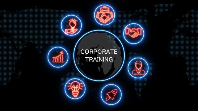 shows glowing neon line banner of corporate trajning concept with icons of business, responsibility, customers, integrity, goals, teamwork, commitment and innovation .4k