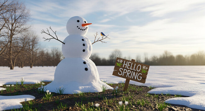 Winter snowman disappears and melts in early spring with the arrival of warm spring weather at the end of winter. Hello spring. Change of winter and spring seasons.