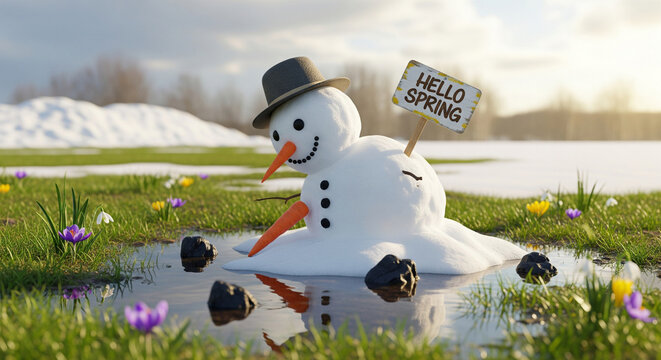 Winter snowman disappears and melts in early spring with the arrival of warm spring weather at the end of winter. Hello spring. Change of winter and spring seasons.