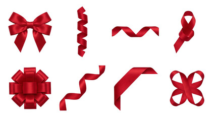 Fototapeta premium Red satin ribbon set including classic bows, spiral curls, rosette, corner pieces, and wavy strips isolated. Holiday decoration and gift wrapping collection.