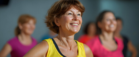 Fototapeta premium Joyful dance fitness class bursts like confetti with energetic moves and bright smiles