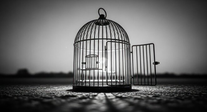 Open birdcage on ground, monochromatic, freedom concept