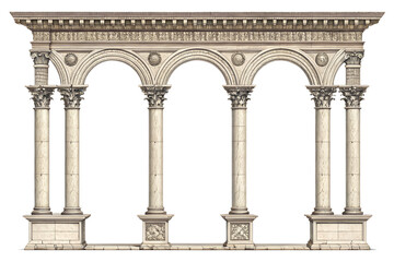 Naklejka premium Architectural colonnade segment with three stone columns, symmetrical composition, isolated on transparent background, PNG