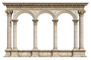 Obraz premium Architectural colonnade segment with three stone columns, symmetrical composition, isolated on transparent background, PNG