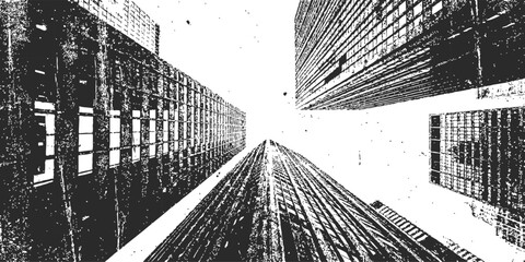 Black and white grunge urban background with low angle view of skyscrapers and distressed texture vector illustration © ZenVectors