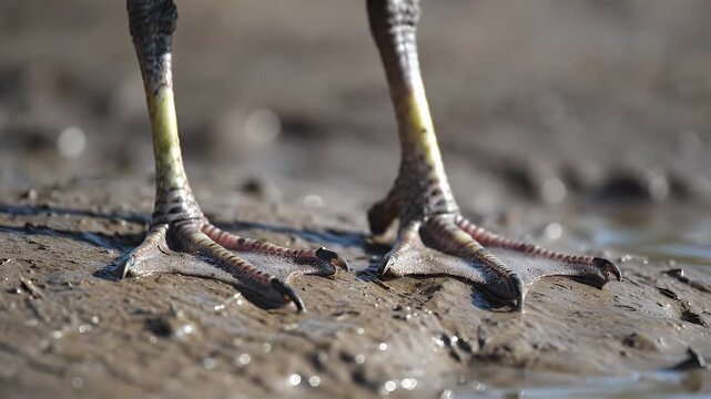 Close Up of Bird's Feet Standing on Mud Near Water with Bright Sunlight and Detailed Texture for Avian Study and