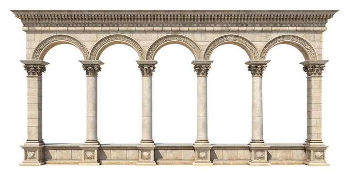 Architectural colonnade segment with three stone columns, symmetrical composition, isolated on transparent background, PNG