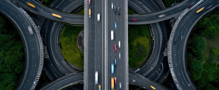 The highway intersection dances like a busy ant colony with vehicles flowing neatly.