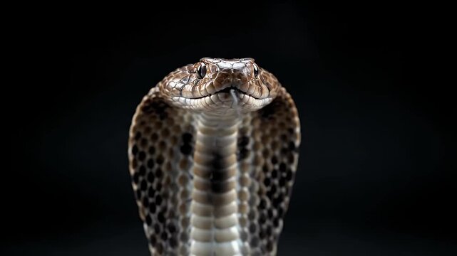 Close Up of Cobra Head Against Dark Background with Tongue Extended Animal and Wildlife Video Footage on Black Backdrop