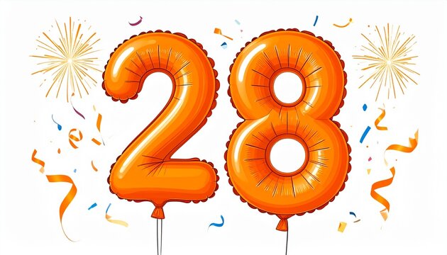 Orange cartoon style balloon shaped as number 28 with confetti on white background. Illustration for birthday or anniversary party