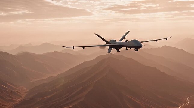 Military Surveillance Drone Flying Over Mountainous Desert Terrain