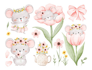 Watercolor Illustration Set of Mouse and Pink Flowers in Spring Season