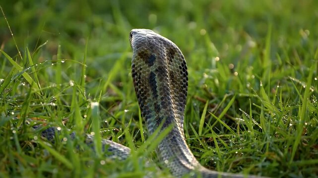 Close-Up of Cobra Hood Raised in Green Grass with Dew Drops Serpentine Majesty Nature's Alertness Wildlife Observation