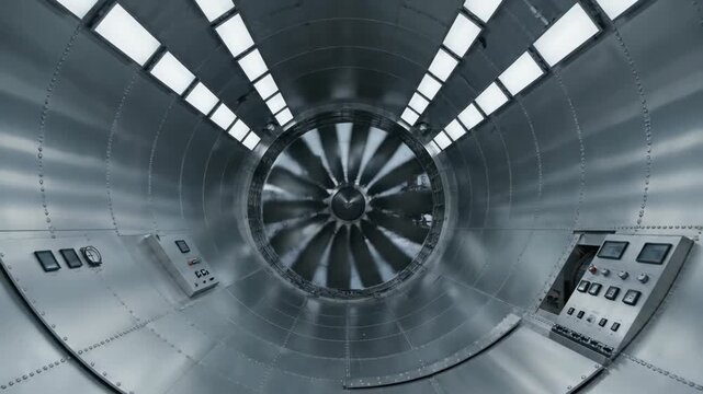 Discover the impressive engineering of a wind tunnel used for aerodynamic testing. The sleek metallic interior and powerful fan create a dynamic environment for innovative research and development.