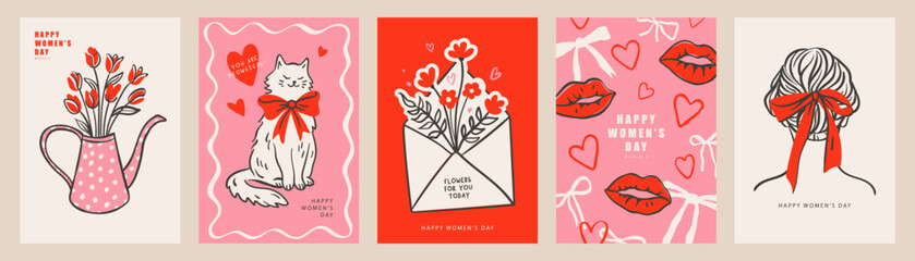 A set of greeting cards for World Women's Day with tulips in a watering can, a cute cat with a bow, a bouquet in an envelope, red lips and a woman's hairstyle with a bow. In sketch and doodle style