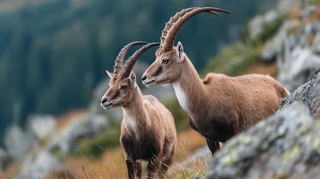 Two ibex stand on rocky terrain in a mountainous area during a clear day, showcasing their impressive horns and curious expressions