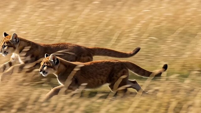 Two majestic cougars gracefully bounding through golden dry grass, showcasing raw power and agility in their natural habitat, a stunning wildlife encounter captured in vivid detail