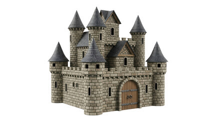 Naklejka premium Medieval stone castle model with multiple towers and a wooden gate, cut out, stock png, isolated on transparent background