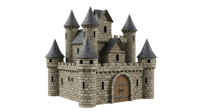 Medieval stone castle model with multiple towers and a wooden gate, cut out, stock png, isolated on transparent background