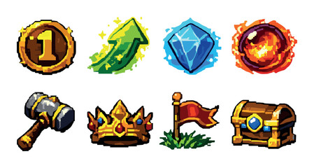 Colorful fantasy game icons featuring coins, gems, and fantasy items