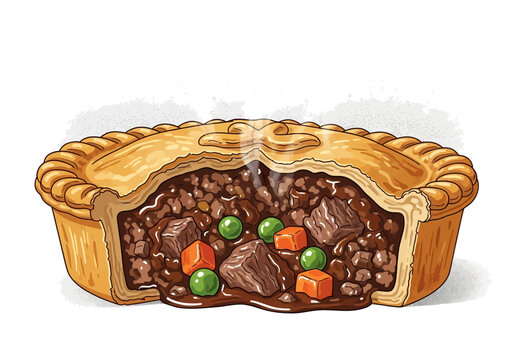 A cut pie with meat filling.