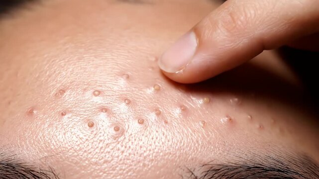 Close Up of Human Forehead Showing Blackheads and Blemishes Problem Area with Bright Lighting Highlighting Texture for