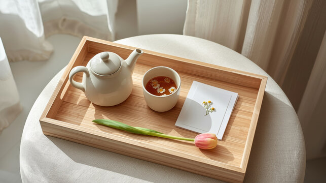 Vassoio in legno con teiera, tazza di infuso alla camomilla e tulipano fresco. Generative AI