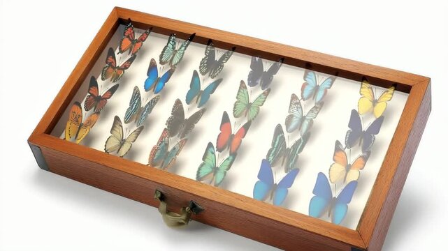 Colorful collection of mounted butterflies in a wooden display case showcasing nature's beauty and diversity