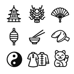 Chinese Culture Icons Asian Symbols Dragon Pagoda Food Fan Vector Set