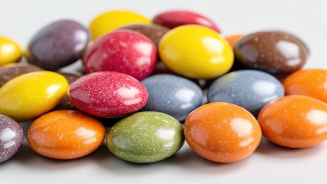 Colorful candy coating in various shapes scattered on a light surface for a vibrant view