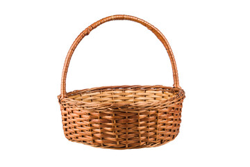 Wicker or rattan basket with handle, isolated on transparent background. PNG image.