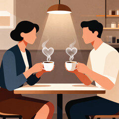 Couple drinking coffee on a romantic date in a warm cafe