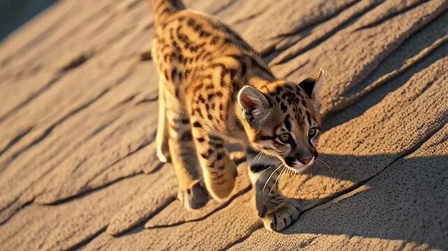 Adorable Ocelot Kitten Exploring a Rocky Terrain with Sunlight Dappled Fur