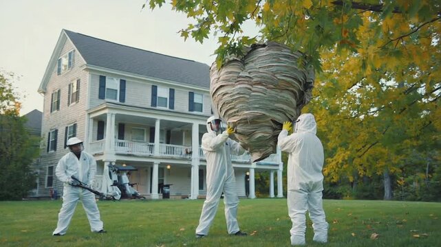 Professionals in PPE suits removing an Asian hornet nest. Velutina. Wasp.