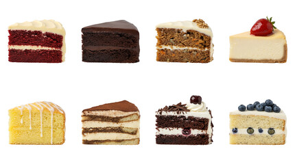 Gourmet cake slice set including red velvet, chocolate, carrot, cheesecake, lemon, tiramisu, black forest, and blueberry variants isolated. Dessert and bakery collection.